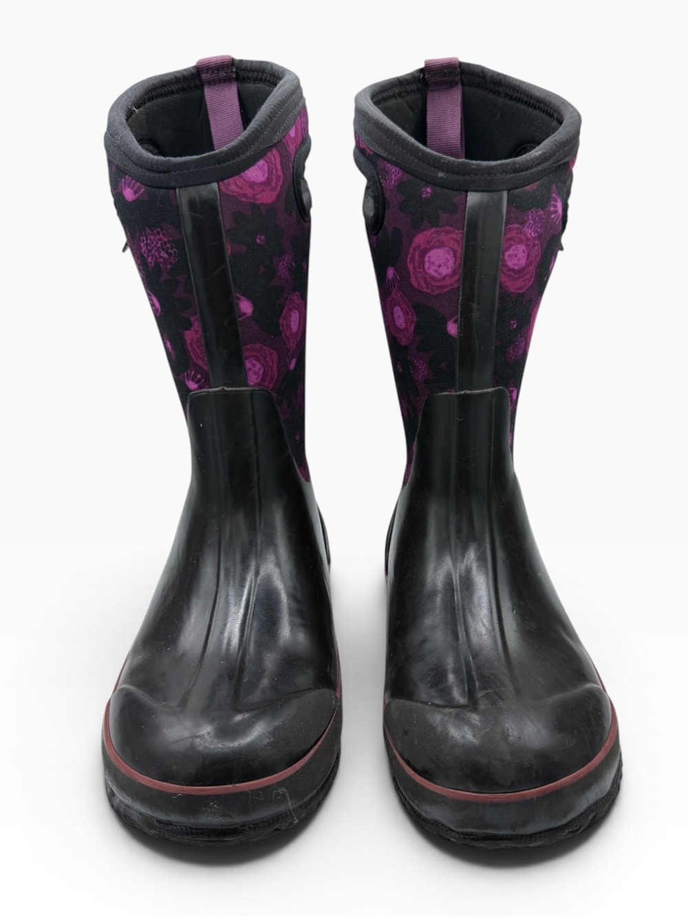 Bogs Youth Black and Purple Floral Mid-Calf Rain Boots - Size 4